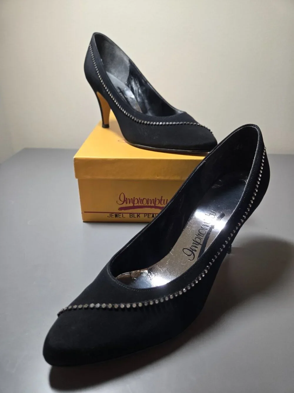 VINTAGE Impromptu Black Peau de Soie Satin Pumps with Rhinestone Detail, Classy